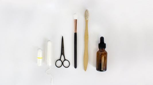 Bathroom items in line on bathroom counter