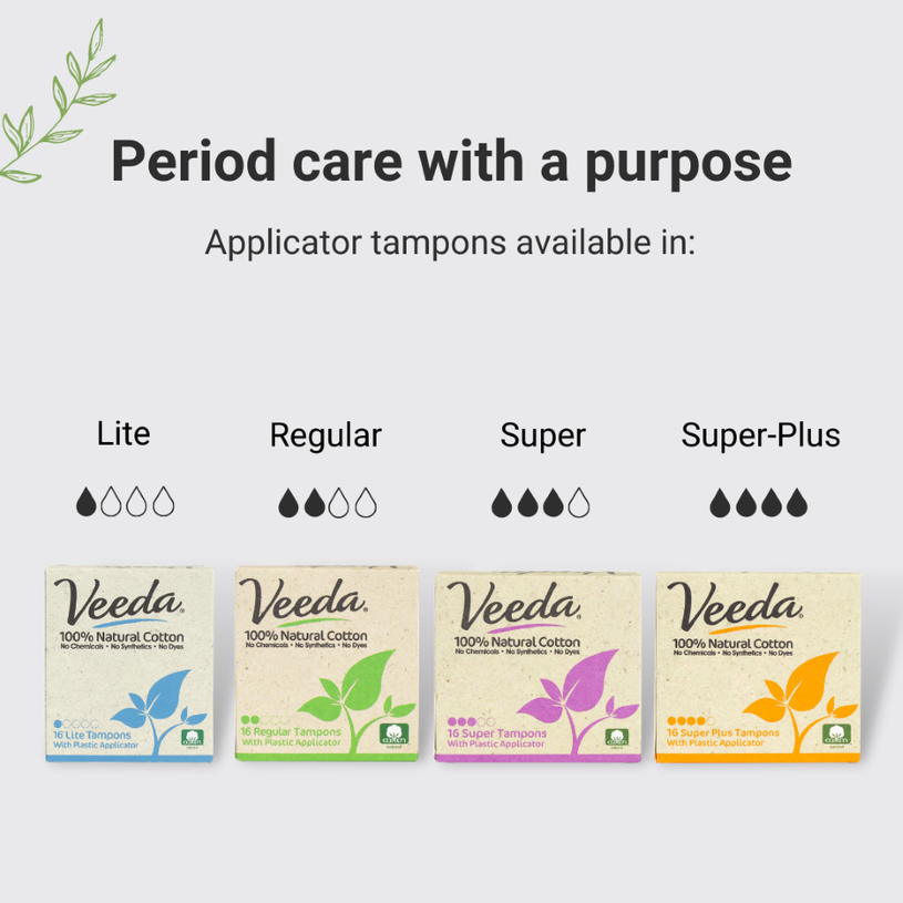 Veeda 100% Natural Cotton BPA-Free Compact Applicator Tampons (Regular)