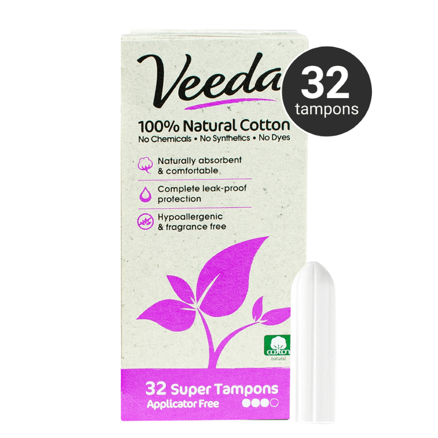 Veeda 100% Natural Cotton Applicator Free Tampons (Super)
