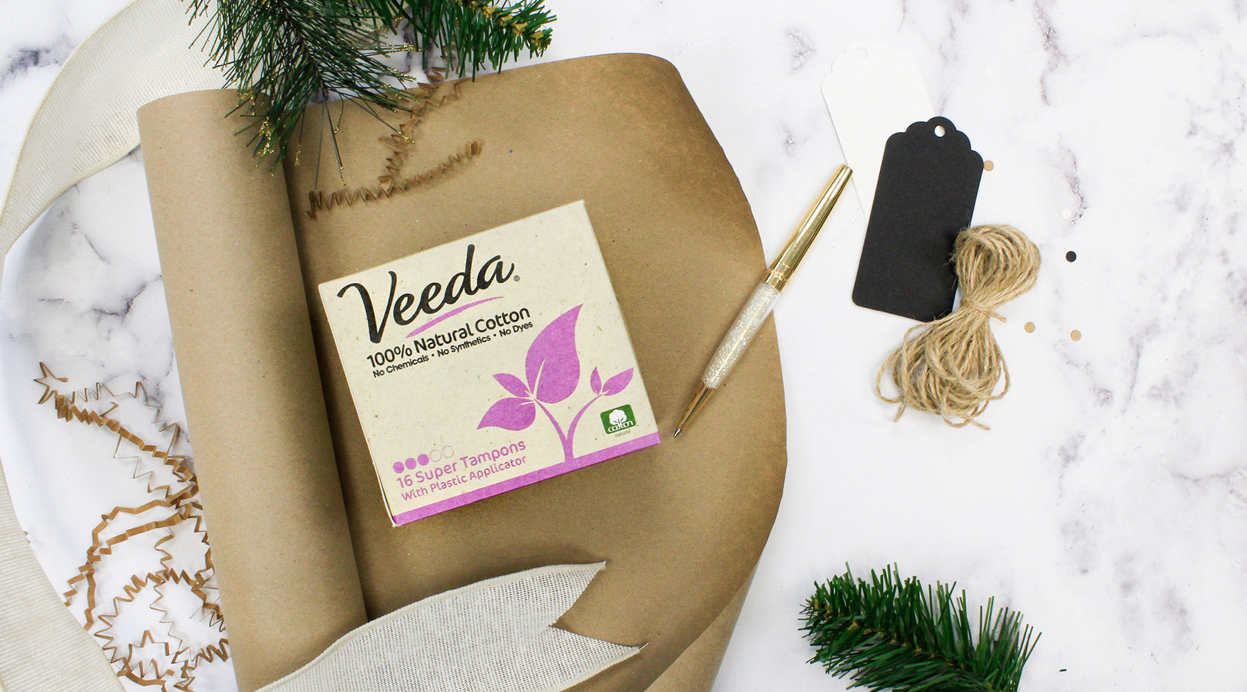 Veeda tampons with Christmas wrapping paper