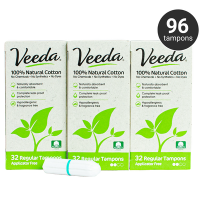 Veeda 100% Natural Cotton Applicator Free Tampons