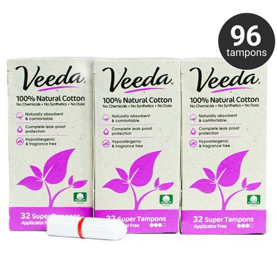 Veeda 100% Natural Cotton Applicator Free Tampons