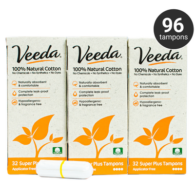 Veeda 100% Natural Cotton Applicator Free Tampons