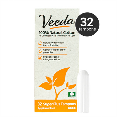 Veeda 100% Natural Cotton Applicator Free Tampons (Super Plus)